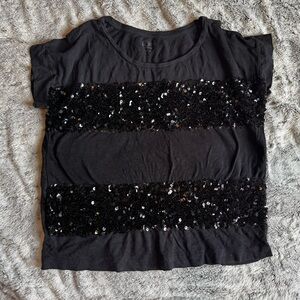 LOFT Black Sequin Short Sleeve Top